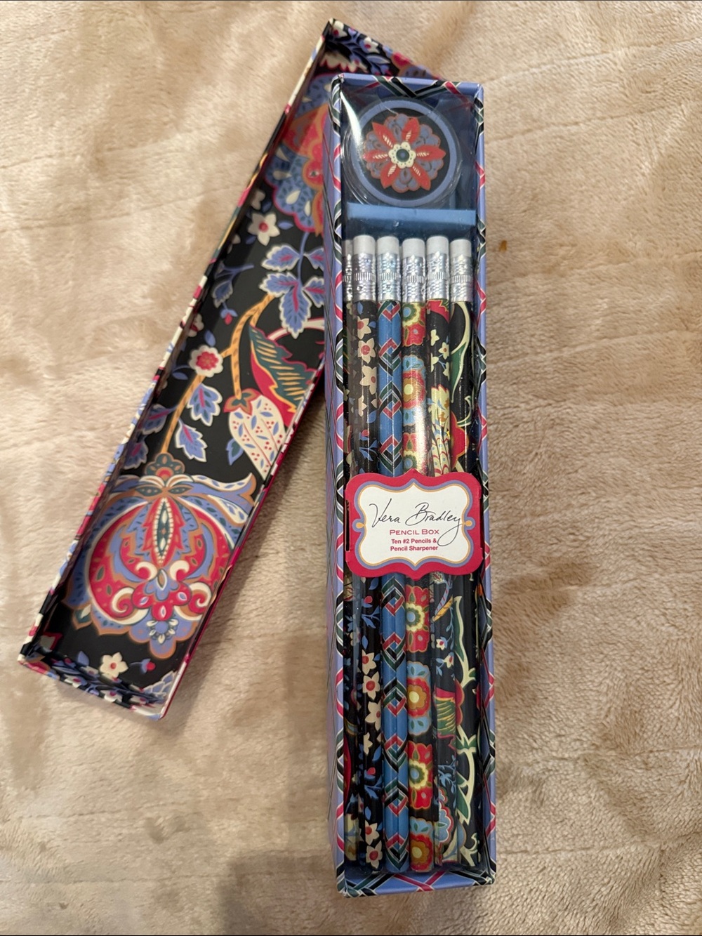 BRAND NEWVera Bradley Black Floral Patterned Pencil Box Set w Multicolor Accents